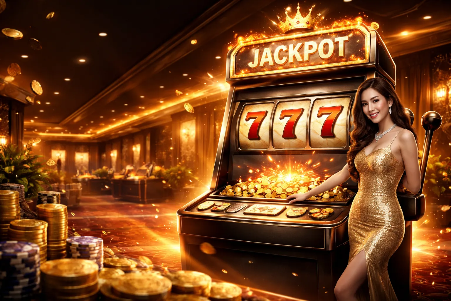 Hình nền Slot King 77 với các biểu tượng nổ hũ và tiền vàng